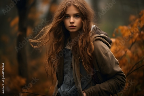 Long haired Caucasian girl in autumn forest at day. Neural network generated image. Not based on any actual person or scene.