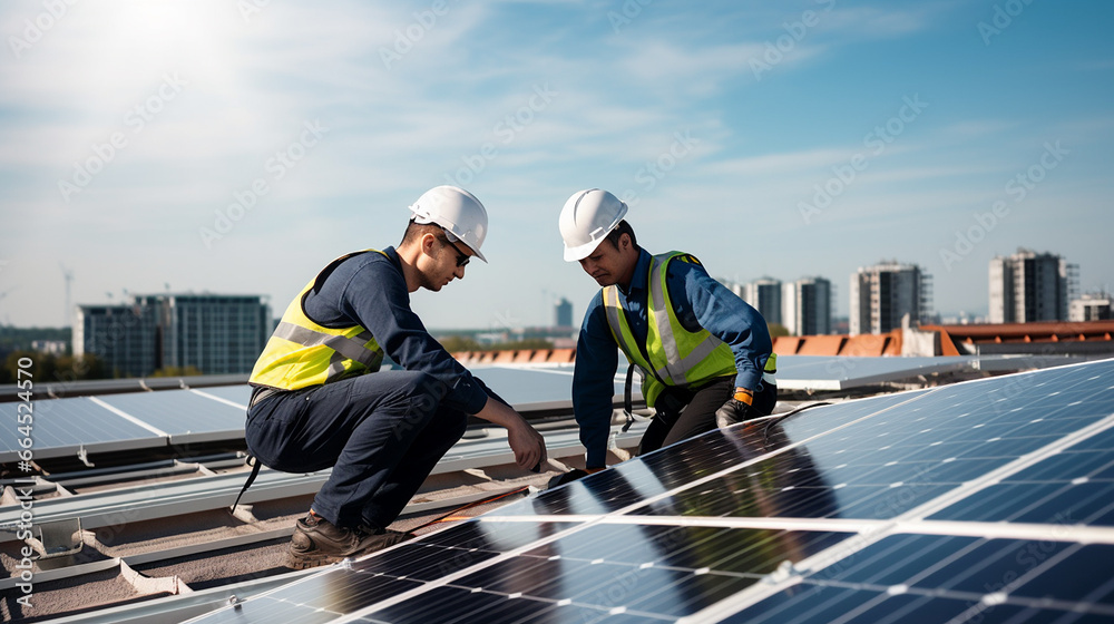Two workers installing solar panels on a city roof Two workers installing solar panels on a city roof