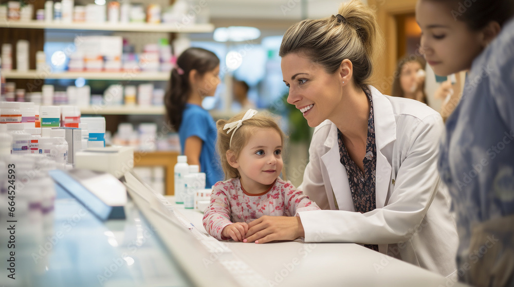 Pharmacist attending to some children Pharmacist attending to some children