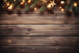 Realistic wooden background with romantic christmas decorations and copy space in the middle.