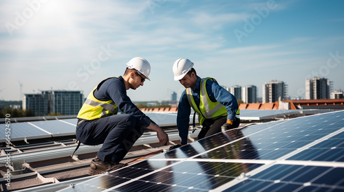 Two workers installing solar panels on a city roof photo