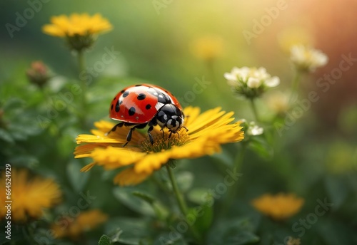 Beautiful blurred close up ladybug stay at meadow flower nature with blooming glade