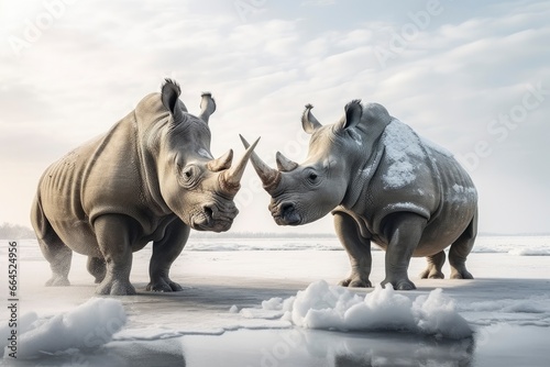 Two Rhinoceros getting ready for fight on Ice. © Md