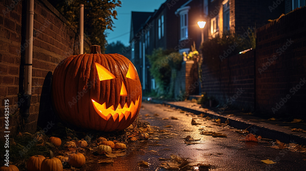 Fototapeta premium Big Halloween pumpkin in an alleyway