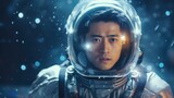 Asian man wearing an astronaut suit. Futuristic blurred background