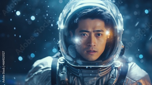 Asian man wearing an astronaut suit. Futuristic blurred background