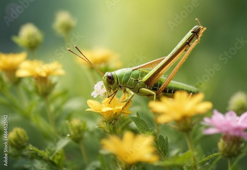 Beautiful blurred close up grasshopper stay at meadow flower nature with blooming glade
