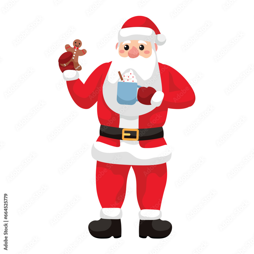 Santa Claus with hot chocolate and gingerbread cookie on white background Santa Claus with hot chocolate and gingerbread cookie on white background