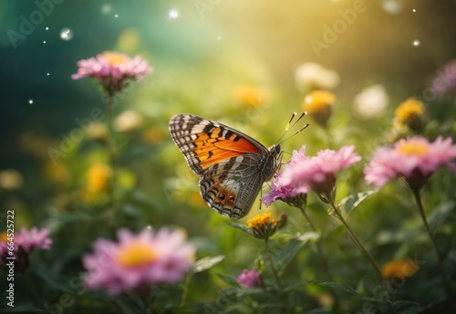 Beautiful blurred close up butterfly stay at meadow flower nature with blooming glade © Jasmine