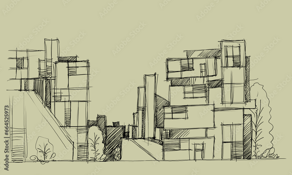 Architecture sketch of building,  hand drawn architectectural sketch - obrazy, fototapety, plakaty 