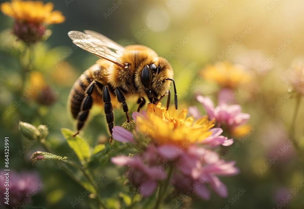 Beautiful blurred close up bee stay at meadow flower nature with blooming glade Beautiful blurred close up bee stay at meadow flower nature with blooming glade