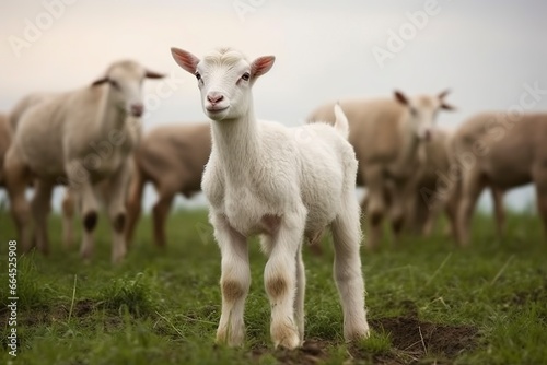 White lamb in a field in front of other animals.