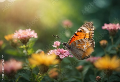 Beautiful blurred close up butterfly stay at meadow flower nature with blooming glade