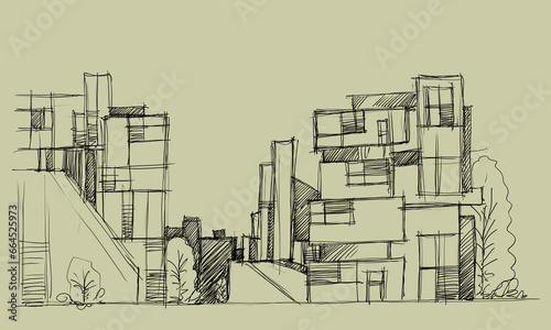 Architecture sketch of building,  hand drawn architectectural sketch
