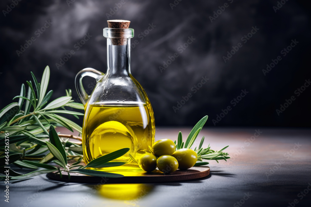 Olive oil and olive fruit on the table close up Olive oil and olive fruit on the table close up