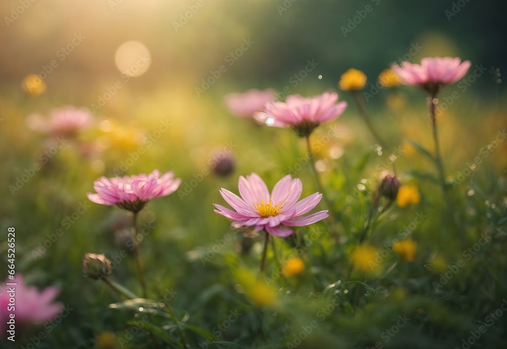 Beautiful blurred close up at meadow flower nature with blooming glade