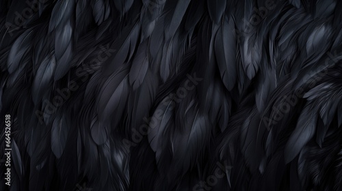 Black wing feathers detail, abstract dark background. Black feather texture