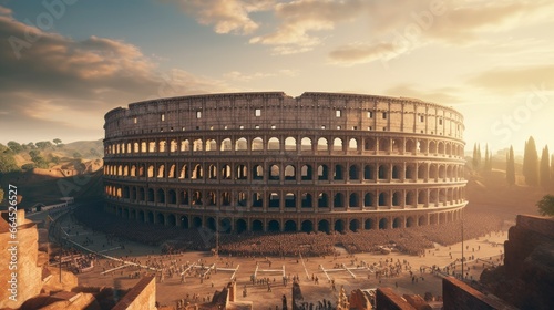 Roman coliseum in ruins, sunny day, sky