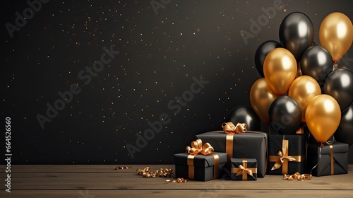 Black Friday sale banner with ballon and gift box space for text.