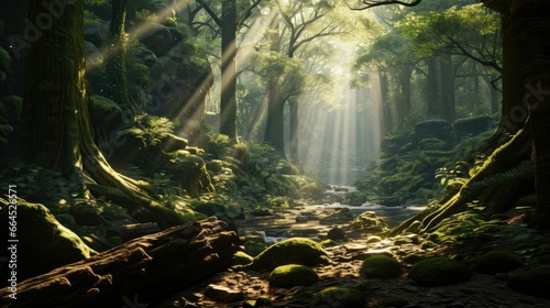 Sun beams streaming forest canopy gaps moss covered logs.