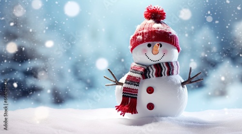 Happy snowman in the winter scenery. © Md