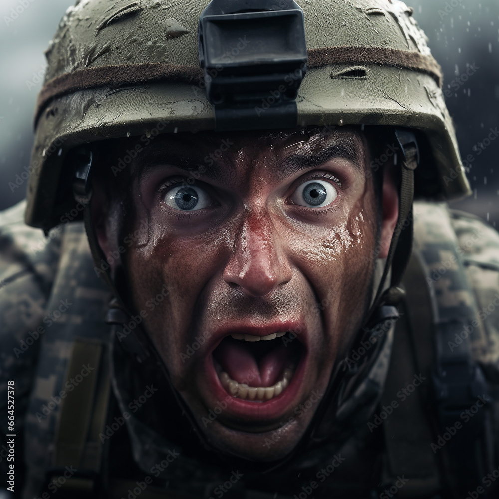 Portrait of a Soldier, is an emotional portrait of a frightened soldier. Expressive eyes. Portrait of a Soldier, is an emotional portrait of a frightened soldier. Expressive eyes.