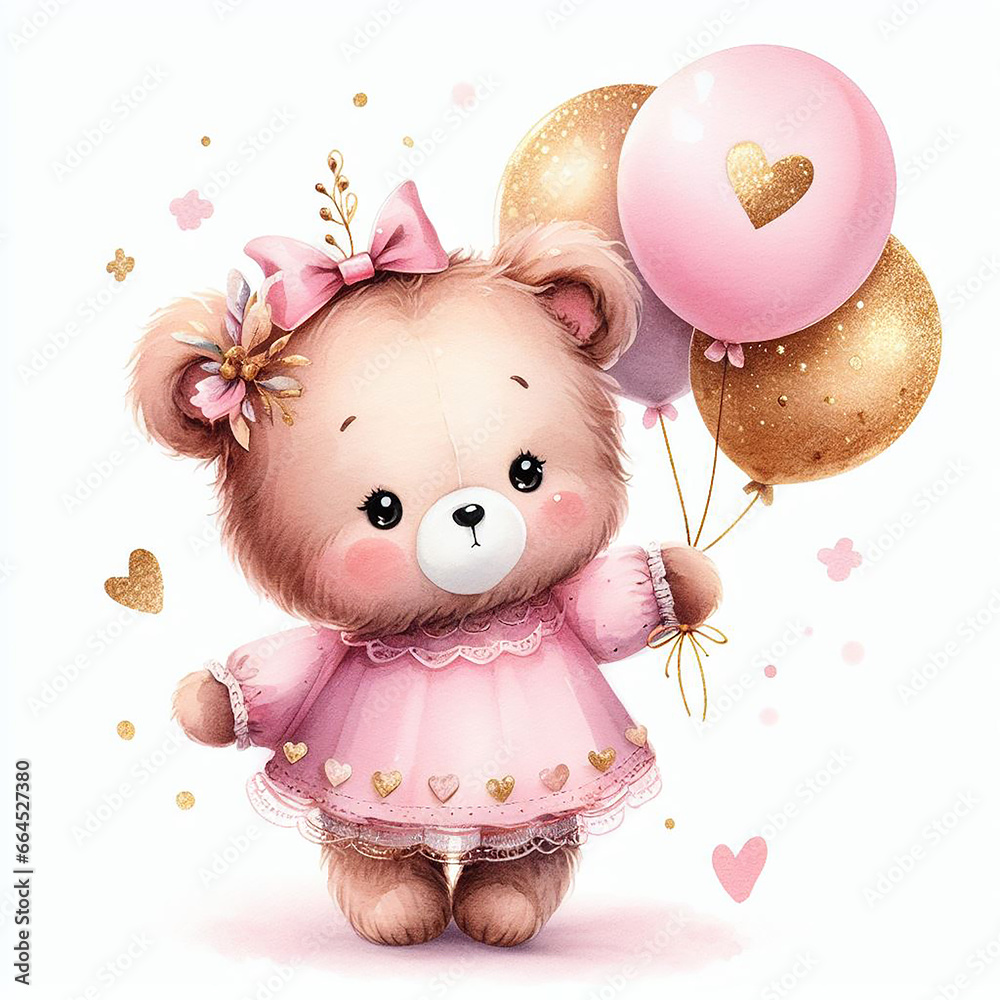cute girly teddy bear with balloons watercolor Stock Illustration ...