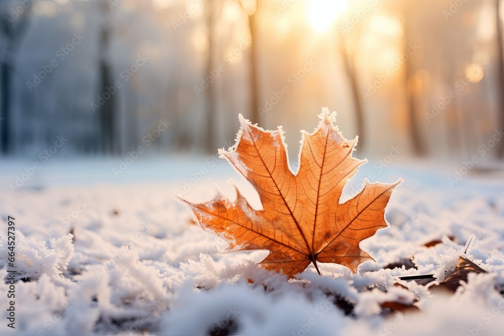 Obraz premium Beautiful winter background with a leaf covered with hoarfrost in nature in the snow