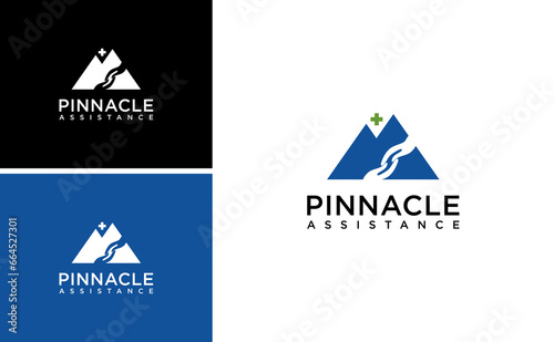 Pinnacle Peak Top Mountain Logo Design, Insurance Health Care Cross Medical Vector Template