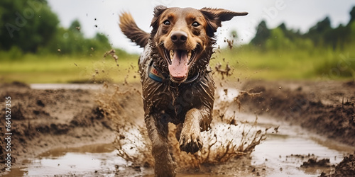 Gundogs ,Dog Swimming ,Labrador pup, fur muddy, leaps joyously into a puddle, water splashing in all directions ,Closeup of dog shaking water droplets in air created with generative ai
