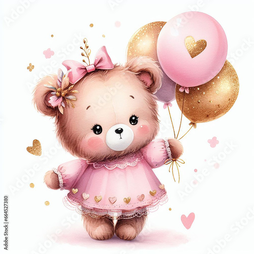 cute girly teddy bear with balloons watercolor