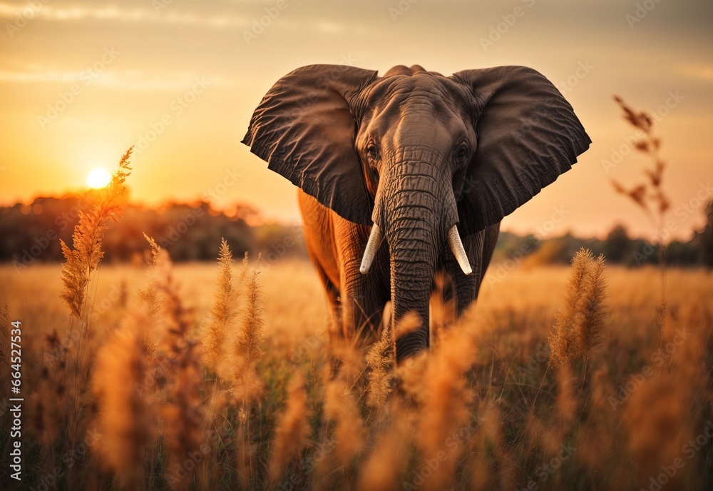 A elephant On abstract autumn field landscape at sunset with soft focus. dry ears of grass in the meadow
