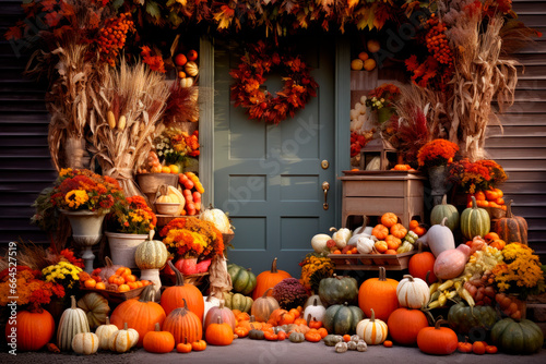entrance of a house decorated with pumpkins for thanksgiving