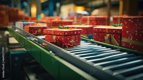 Christmas gift boxes on conveyor rollers ready to be shipped