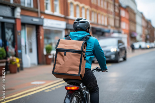 Rear view of delivery man with thermo bag riding bicycle on street