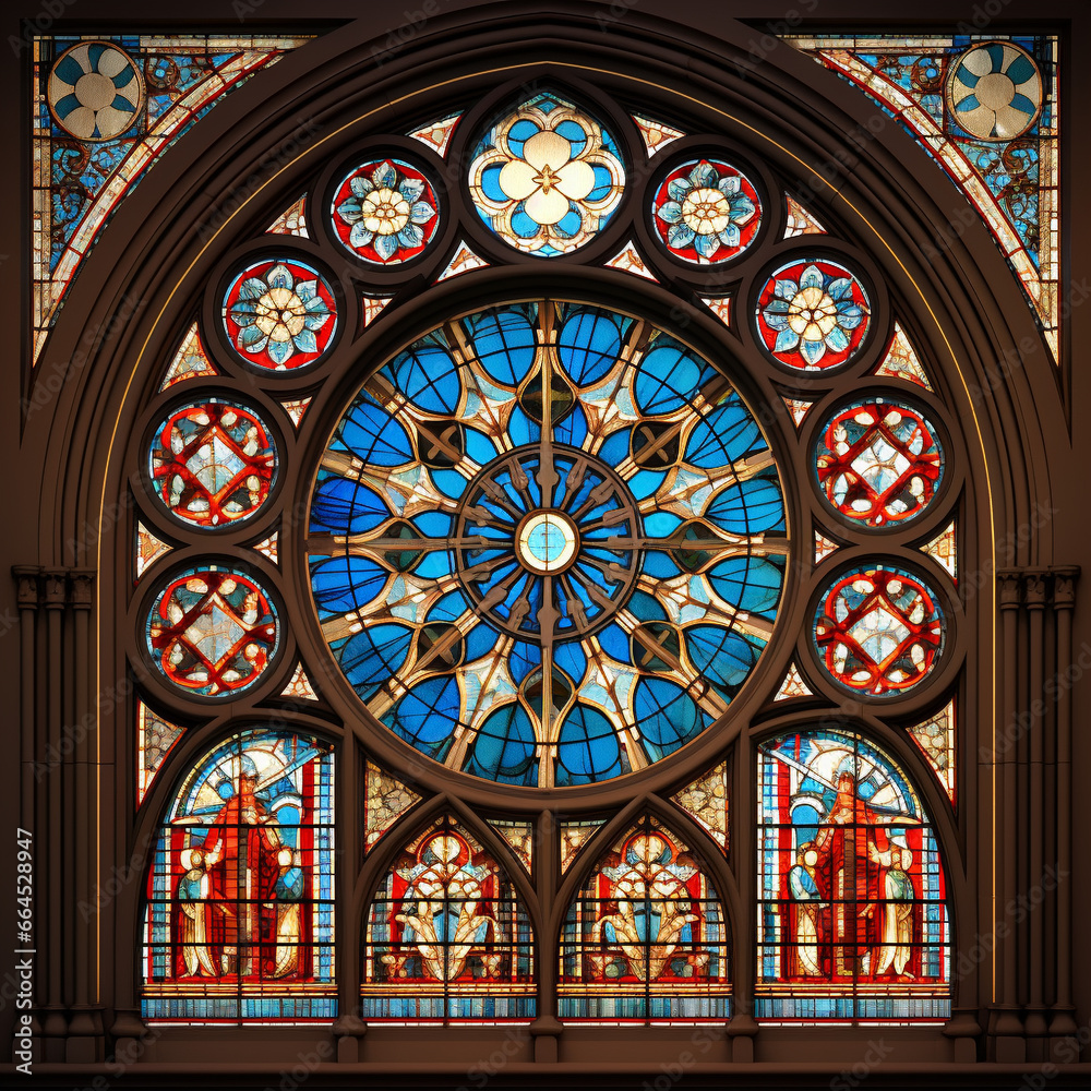 Interior of a cathedral with stained glass windows. 3d render