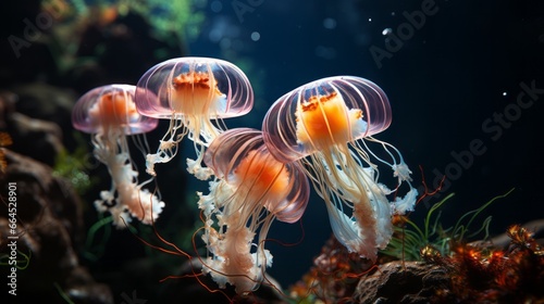 Yellow and orange Jellyfish dansing in the dark blue ocean water. © wojciechkic.com