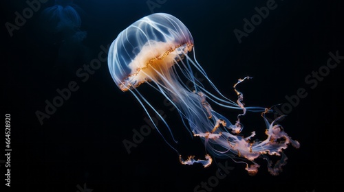 Yellow and orange Jellyfish dansing in the dark blue ocean water.