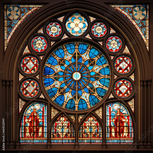 Interior of a cathedral with stained glass windows. 3d render