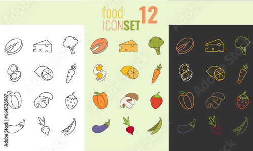 set of 12 healthy food icons, fruits and vegetables
