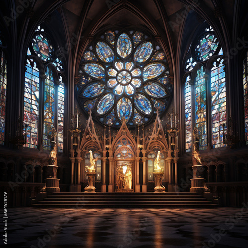 Interior of a cathedral with stained glass windows. 3d render