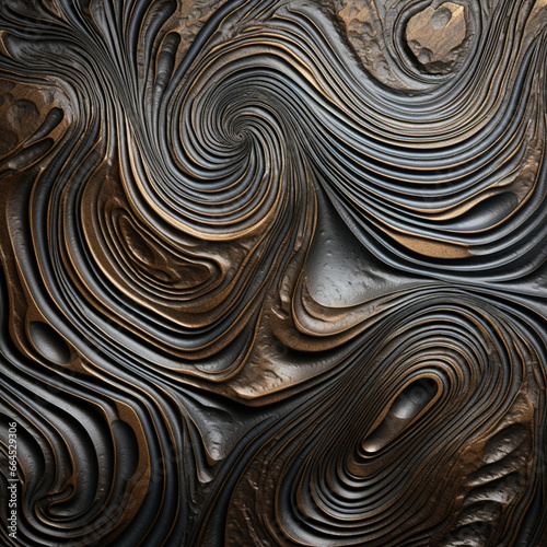 Fondo con detalle y textura de superficie metalica con formas sinuosas y tonos negros y bronce photo