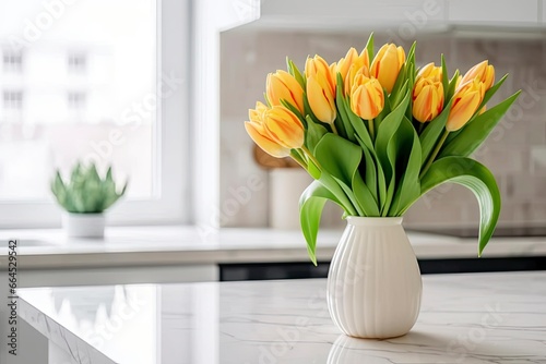 A bouquet of tulips on a white table. #664529542