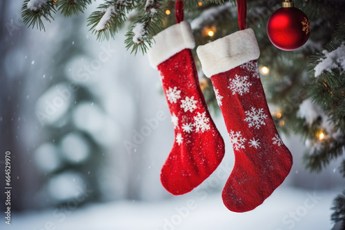 Red color Christmas stockings are hanging on a christmas tree. Blurred snowy background can be used to add text, greetings and wishes as a copy space 