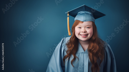 beautiful girl with down syndrome wearing a graduation gown on blue, differently-abled girl, people with disability day, copy space photo