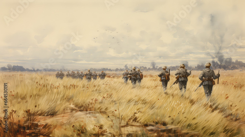 soldiers march through field in world war