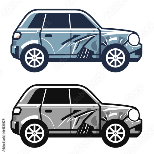 Vandalized car, flat style vector illustration, Junk car vector, destroy or damage car, colored and black and white stock vector image