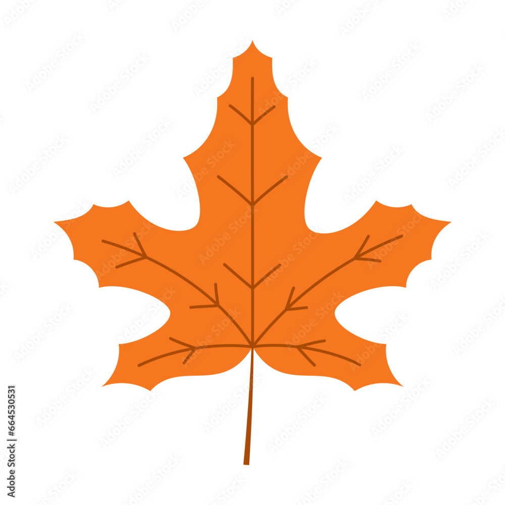 Obraz premium orange autumn maple leaf isolated on white background, cartoon simple flat style, fall element for design greeting card, thanksgiving day