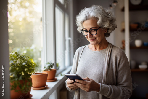 Healthy cheerful senior female using smart phone in her cozy living room, technology and communication