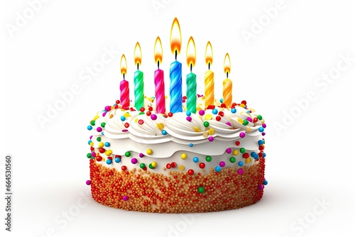 Colourful birthday cake with candles isolated on white background.